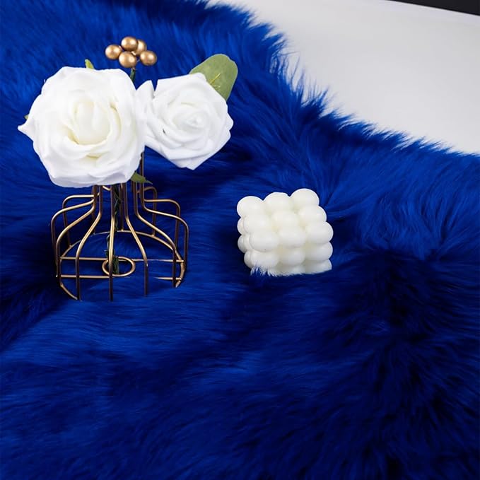 Faux Fur Sheepskin Runner Rug Royal Blue 2x6 ft Ultra Soft Shaggy Plush Fluffy Fuzzy Area Carpet Decorative Chair Cover Floor Mat for Bedroom Sofa Living Room Bedside