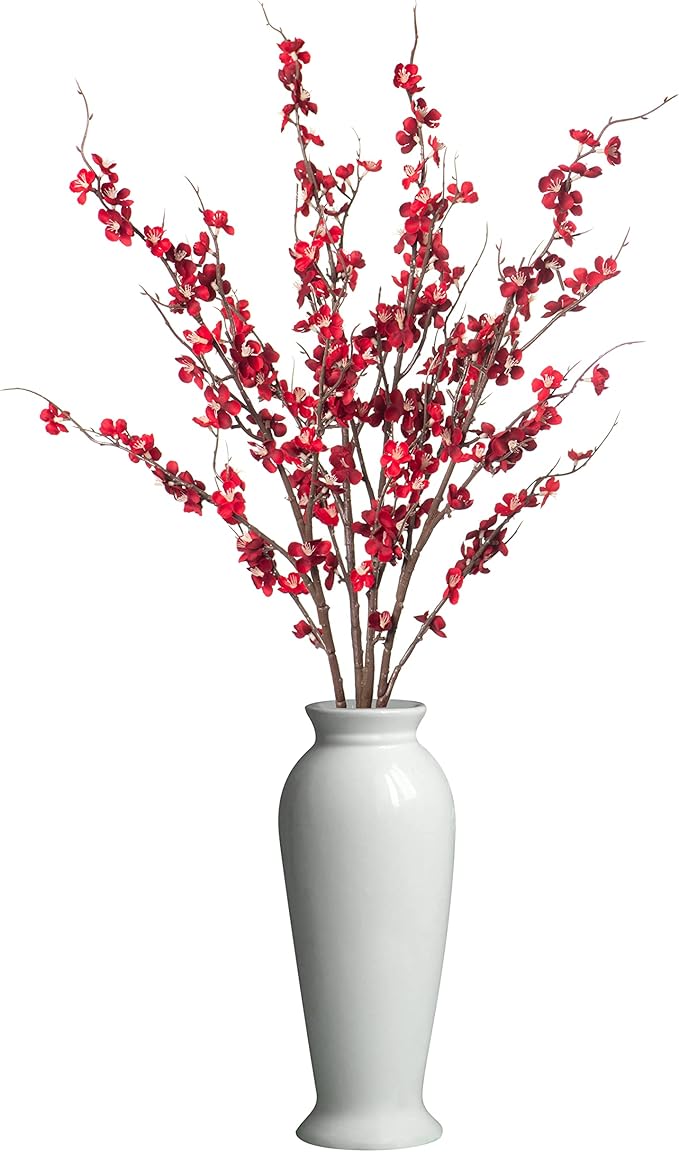 Ammyoo 4Pcs Cherry Blossom Branches Artificial Flowers for Spring Summer Indoor Decoration,Faux Long Stem Artificial Flowers for Wedding Home Office Bedroom Party Table Centerpieces Decor(Red)