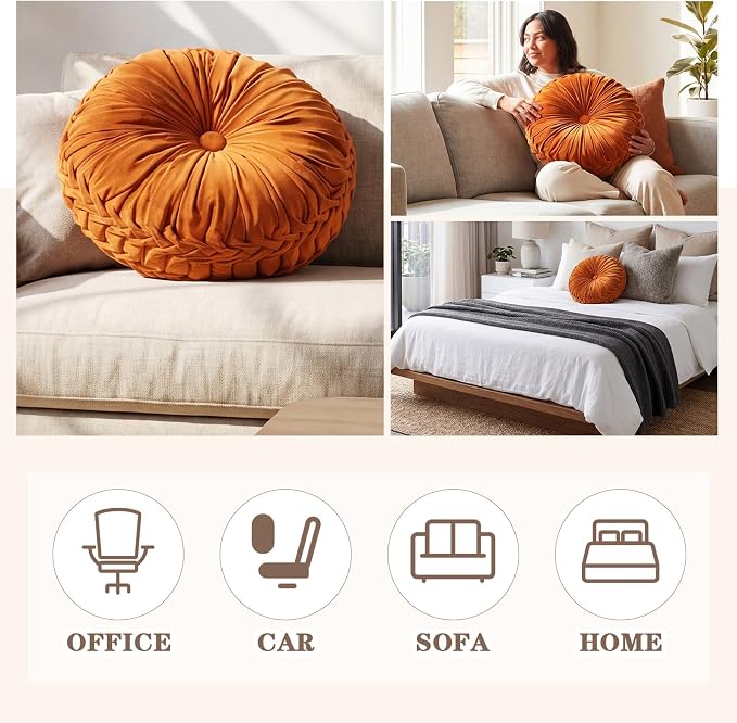 Drydiet 1 Pcs Round Throw Velvet Pillows Decorative Pleated Throw Pillows 18'' Diameter Accent Pumpkin Boho Chair Cushion for Couch Sofa Home Decoration (Brunt Orange)