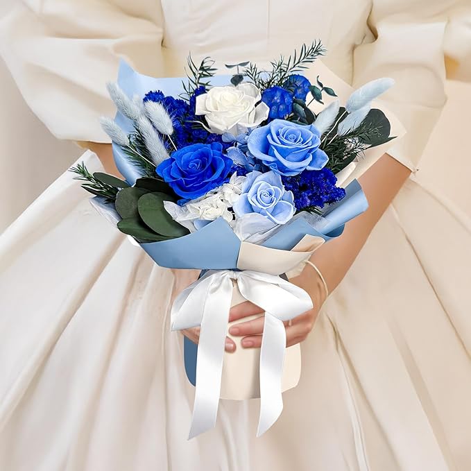 FNCHAI Preserved Roses Bouquet – Flowers for Delivery, Valentines Day Gifts for Him, Long-Lasting Romantic Real Roses for Anniversary, Graduation, Father’s Day & Beach Weddings (Blue)