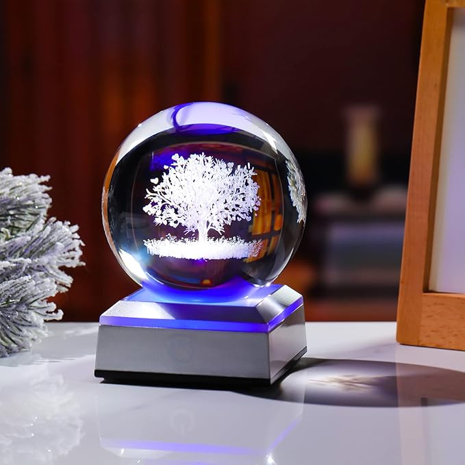 Ornalrist Crystal Ball 3D Engraved Tree of Life with LED Colorful Base, 3.15" 8CM Glass Sphere Ideas for Family Home Decor Display, Gifts for Men Women Friends on Birthday Christmas
