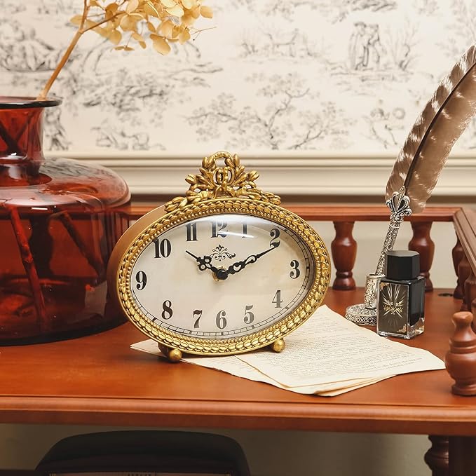 NIKKY HOME Vintage Table Top Clock, Silent Small Shelf Desk Clock Battery Operated Rustic Design, Home Decor for Living Room, Bedroom, Bedside, Gift Clock - Gold