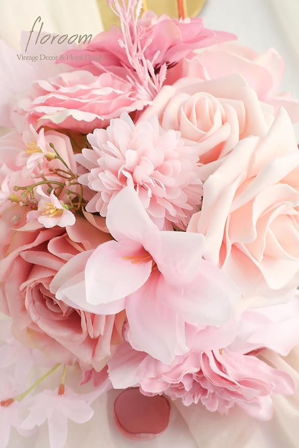 Floroom Blush Pink Artificial Flowers Fake Roses Peonies Dahlias and Greenery Combo Box Set for DIY Wedding Bouquets Bridal Shower Centerpieces Floral Arrangements Party Tables Home Decorations