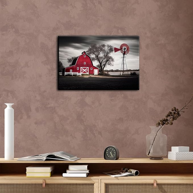Farmhouse Windmill Wall Decor Red Barn Wall Art Bedroom Vintage Country Landscape Canvas Pictures for Living Room Farm Black White Old House Poster Nature Artwork Kitchen Office Home Decorations 12x16"