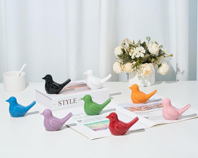 Small Silver Bird Statue Ceramic 2-Piece Set, 3¾ inch Cute Knick Knack for Home Office Shelf Desk Decor