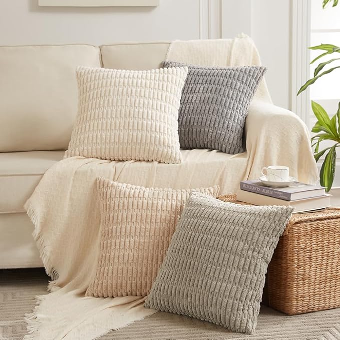 Fancy Homi 4 Packs Decorative Throw Pillow Covers for Living Room Couch Bed, Modern Farmhouse Boho Home Décor Accent Cushion Case, 14" x 14" (Pack of 4), Cream