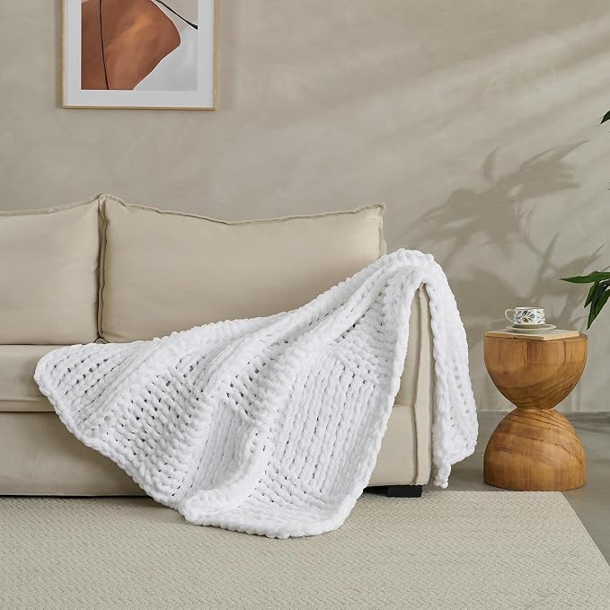 Soft Knitted Throw Blanket - 50x60 Inch Cozy & Lightweight All-Season Blanket, Wrinkle-Resistant Polyester for Couch, Bed, Sofa, Reading Nook (White)