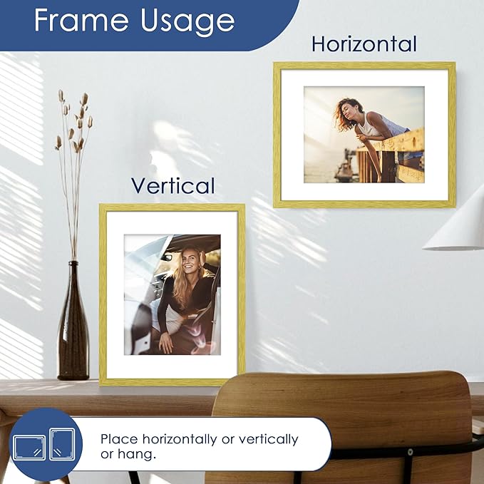 PEALSN 11x14 Picture Frame Set of 6, Display Pictures 8x10 with Mat or 11x14 without Mat for Wall Mounting or Table Top Display, Photo Frames Collage for Wall Decor, Gold.