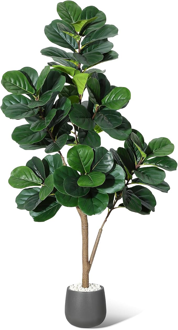 5 ft Fiddle Leaf Fig Tree Artificial with 77 Leaves - Realistic Faux Ficus Lyrata Trees in 7.8 in Grey Planter Pot, Indoor Fake Floor Plants for Home Office Living Room Decor, Housewarming Gift