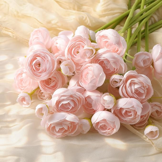 Alupssuc 42Pcs Ranunculus Artificial Flowers Faux Silk Mini Ranunculus, Spring Flowers Artificial Indoor for DIY Bouquets, Bulk Fake Wedding Filler Flowers for Bride Shower Decorations, Shabby Blush