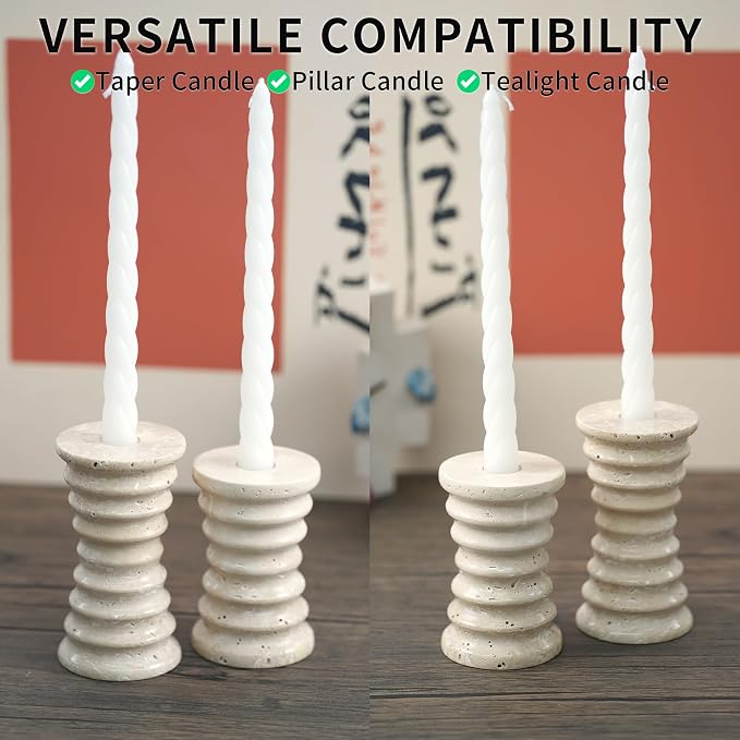 Travertine Marble Candlestick Holders - Set of 2 Stone Candle Sticks Holder Decor, Decorative Modern Candle Stands Multi-Purpose for Taper/Pillar/Tealight/Scented Candles