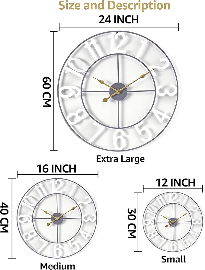 Sorbus Large Wall Clock for Living Room Decor - Wall Clock for Kitchen - 24 inch Big Wall Clock Decorative - Metal Wall Art - Analog Large Clock for Bedroom, Home, Kitchen, Office, Wall Decor (White)