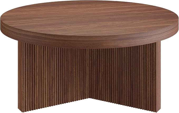Henn&Hart 32" Fluted Round Low-Profile Coffee Table with Ribbed Pedestal Base Living Room, Family Room, Office, or Apartment, Medium Walnut
