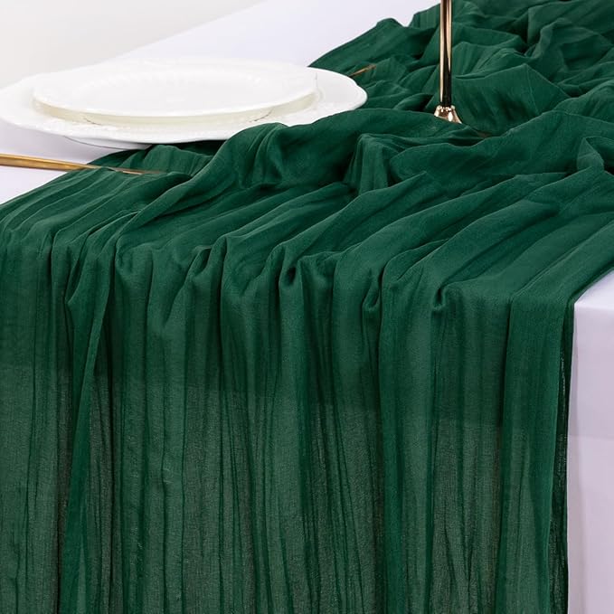 Socomi 6pcs Emerald Green Cheesecloth Table Runner Easter Spring Boho Rustic Gauze 120 inch 10FT Cheese Cloth Runner for Wedding Party Baby Shower Birthday Home Decor Holiday Decorations