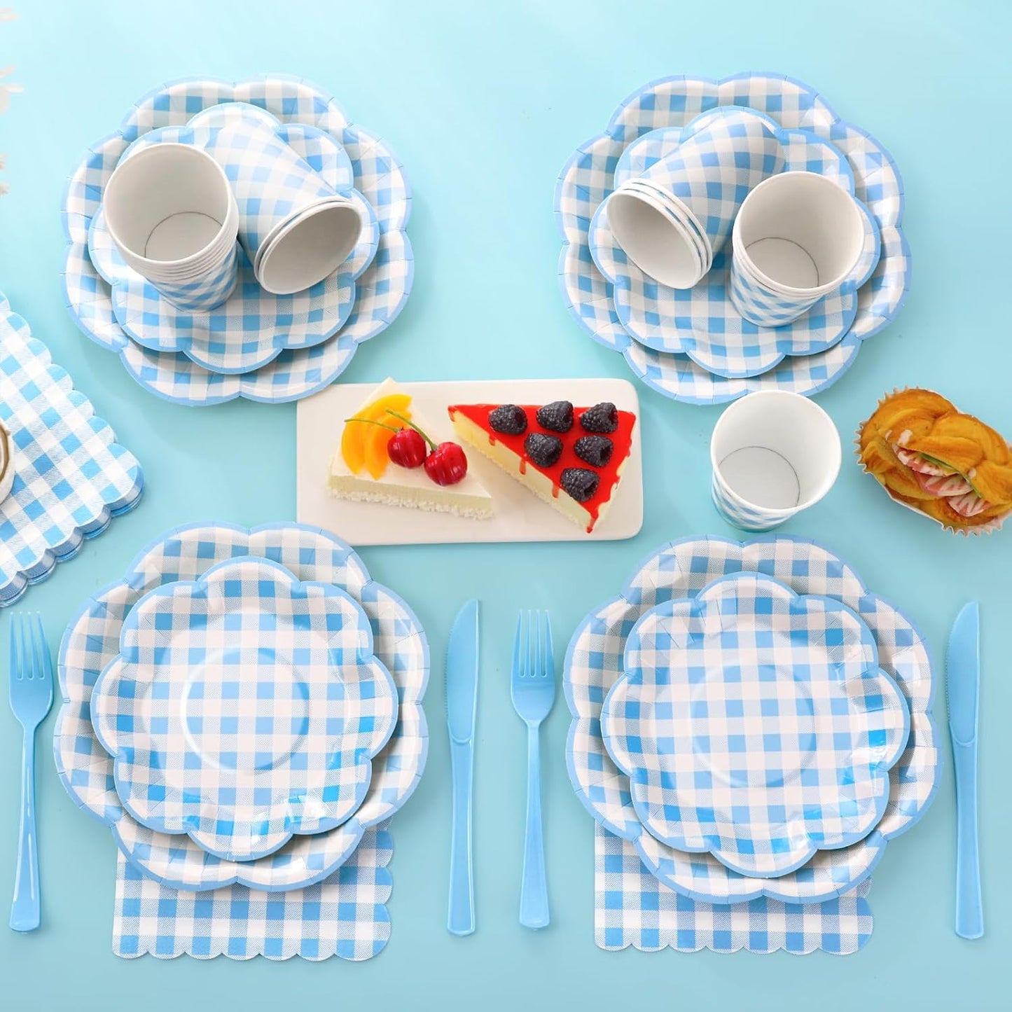 175 Pcs Blue Gingham Plates and Napkins Party Supplies - Blue and White Checkered Plates Sets Serve 25 Guests - Scalloped Gingham Paper Plate for Birthday Dinner Wedding Baby Shower Party Decorations
