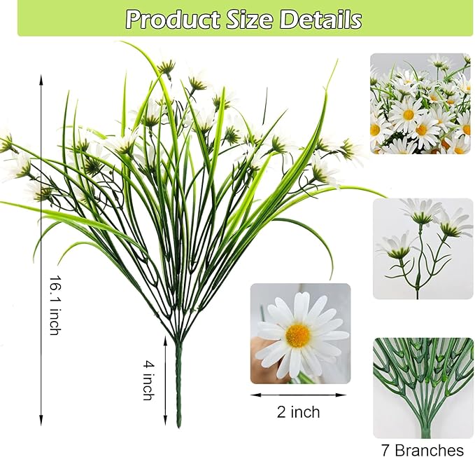 4 Bundles Artificial Silk Daisy Flowers Fake Daisies Plastics Plants Flower Faux Wildflowers Outdoor UV Resistant for Home Decor Indoor Outside Porch Patio Garden Planters Decoration (White)