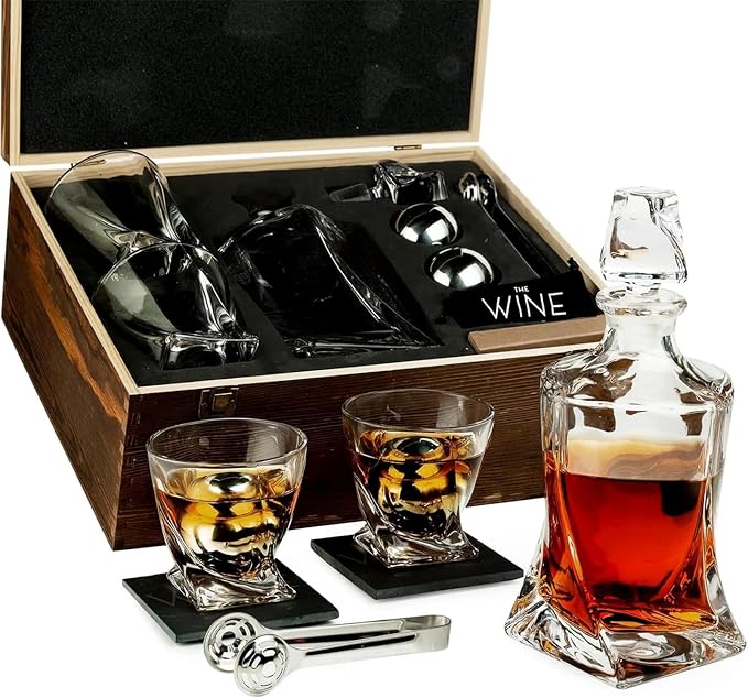 Ember Japanese Crystal Whisky Decanter Set in Wood Storage Box, 4 Tumbler Rocks Glasses & Freezer Chillers - Sake, Scotch, Vodka, Elegant Birthday & Birth Day Barware Gifts, Japan Designed Gifts
