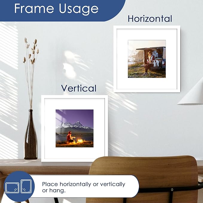 PEALSN 12x12 Picture Frame Set of 6, Display Pictures 8 x 8 with Mat or 12 x 12 without Mat for Wall Mounting Display, Poster Frames Collage for Wall Decor, White.