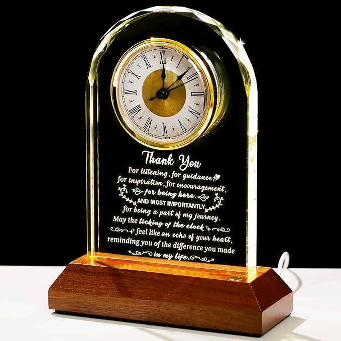 Arikyrist Thank You Gifts for Women Men, Appreciation Clock Gift for Coworkers Friends Teachers with Wooden Light Base, Inspirational Presents for Family Office Desk Clock Decor