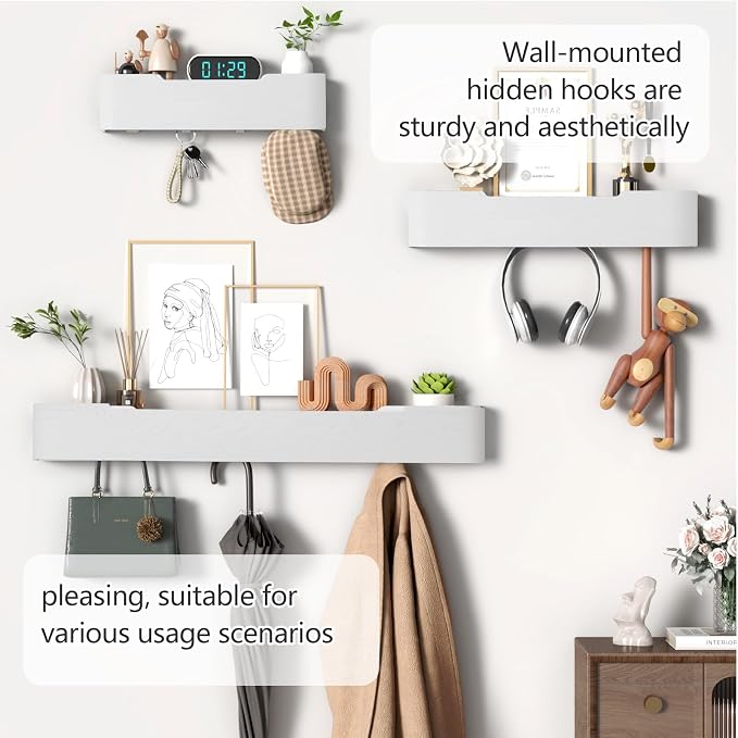 Coat Rack Wall Mount with Hidden Hooks Modern Key Holder Wood Entryway Hook with Shelf for Bedroom Kitchen Hallway Bathroom Designed for Hanging Coats Hats Bags Towels Dog Leashe(White,5 Hooks)