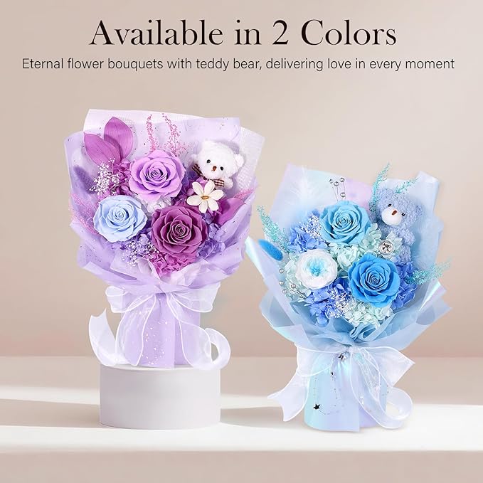 Preserved Flowers Bouquet with Bear, 3 Real Forever Flowers for Delivery, Long-Lasting Purple Eteranl Roses Bouquet, Mothers Day Gifts for Mom Grandma, Anniversary Birthday Gifts for Women Girlfriend