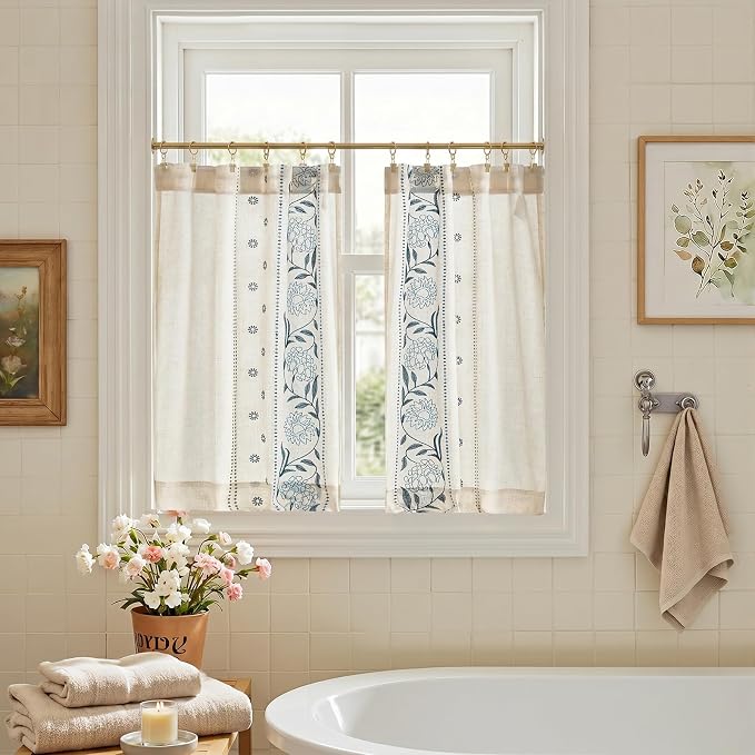 jinchan Winslow Linen Kitchen Curtains 36 Inch Length Small Window Curtains Embroidered Bordered Floral Drapes Light Filtering for Bathroom Laundry Room Farmhouse Decor Blue on Beige 2 Panels