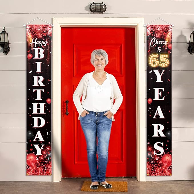 Happy 65th Birthday Porch Sign Door Banner Decor Red and Black β Glitter Cheers to 65 Years Old Birthday Party Theme Decorations for Men Women Supplies