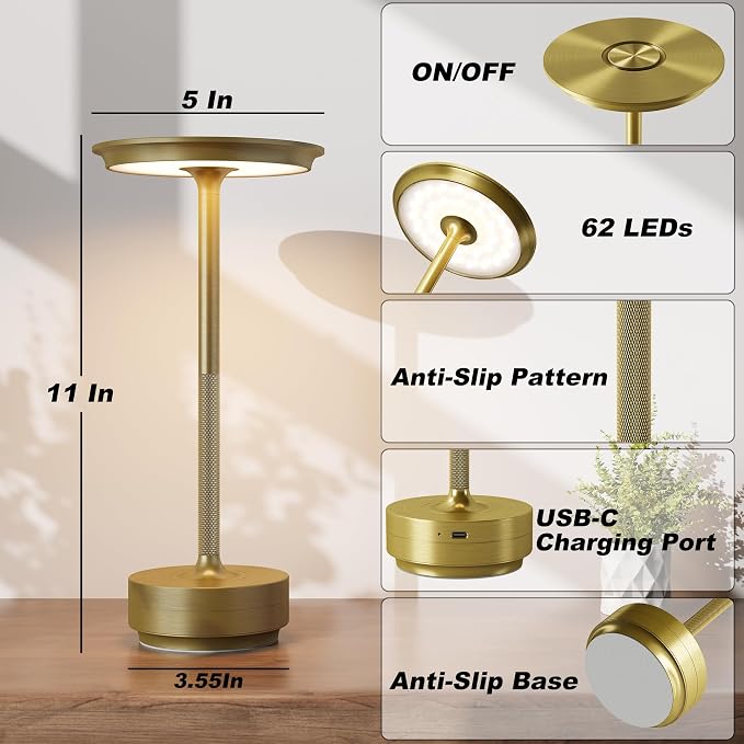 TBBGA 1 Pack Cordless Table Lamps Rechargeable, Portable 5000mAh Battery Operated Lamp, 3 Color Stepless Dimming LED Table Light with Memory Function, for Outdoor/Dinner/Patio/Restaurant.(Gold)