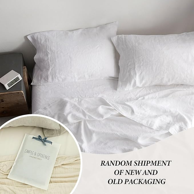 Simple&Opulence 100% French Linen Pillowcase King Size-Set of 2- Washed Solid Color Pillow Cases Embroidered -Soft and Durable (White, 20''x40'')