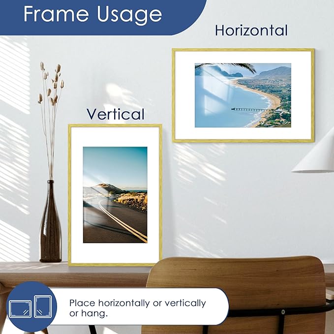 PEALSN 11x17 Picture Frame Set of 6, Display Pictures 8x12 with Mat or 11 x 17 without Mat for Wall Mounting Display, Photo Frames Collage for Wall Decor, Gold