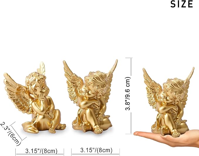 OwMell Set of 2 Cherubs Angels Resin Statue Figurine, Indoor Home Decoration, Adorable Angel Sculpture Memorial Statue 4" - Gold
