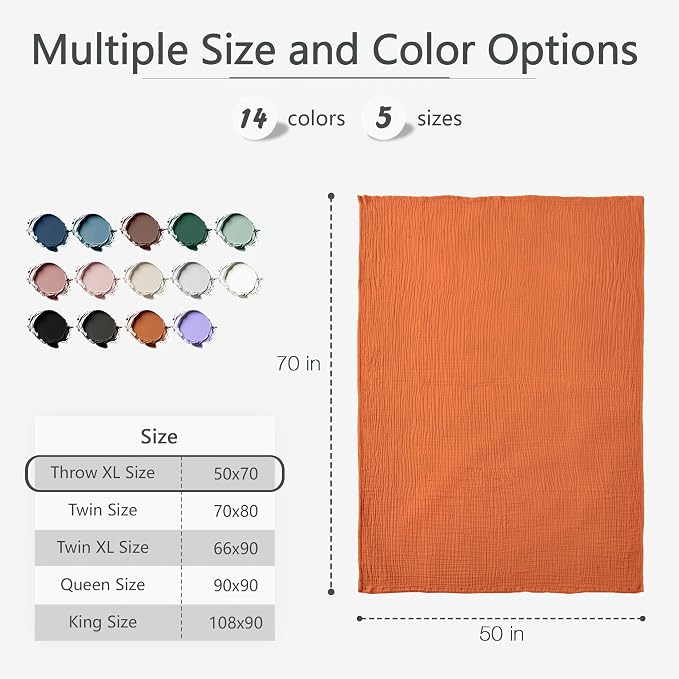 Carriediosa 100% Cotton Muslin Throw Blanket 50" X 70" Throw XL Size,4-Layers Summer Gauze Throws for Bed Couch,Soft Lightweight Breathable Linen Blankets Bedspread for Adults All Season,Orange