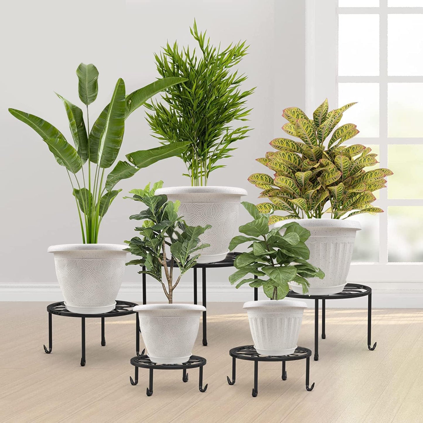 Plastic Flower Pots Planters for Indoor Plants, 4 Pack 14 Inch White Plant Pots with Drainage Hole & Tray, Modern Decorative Large Plant Pot with Saucer for Indoor Outdoor Plants Garden House Planter