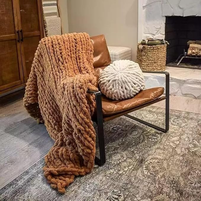 Soft Chunky Knit Throw Blanket for Couch, Cozy Warm Knitted Blankets | Hand Knit with Jumbo Chenille, Lightweight Warm Fluffy Decor for Women, Mom, Her & Girls,Sofa,Chair,Bed,40"×40"(Light Brown)