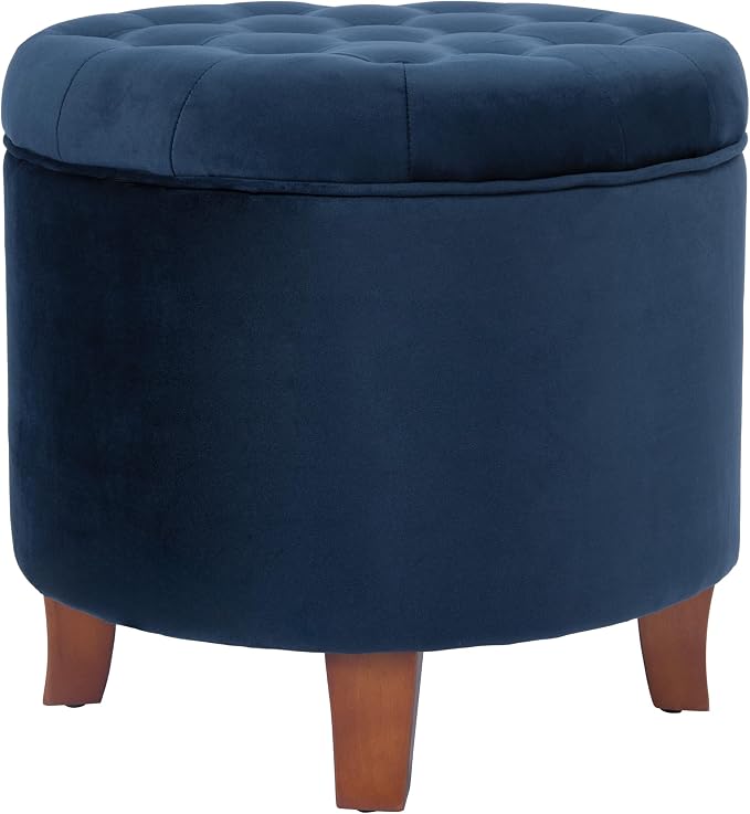 HomePop 19" Velvet Button Tufted Round Storage Ottoman - Navy Blue
