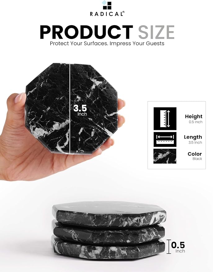 Radicaln Black Marble Coasters Set of 6 Handmade 3.5" Inch Star Coasters for Drinks, Ideal Coaster Set for Home & Kitchen Table Decor