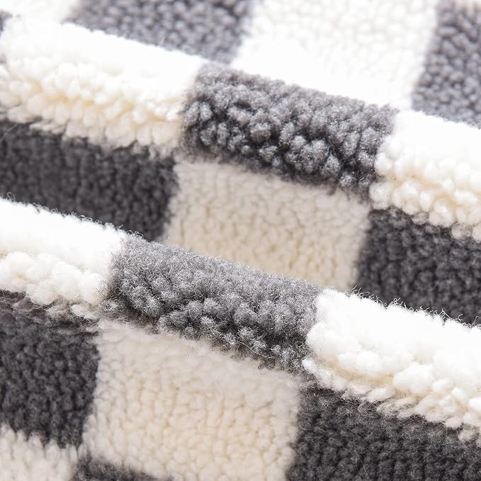 WACOMECO Decorative Throw Pillow Covers - Soft Sherpa Checkerboard Cushion Covers Faux Fur Pillow Cases for Sofa Bedroom Livingroom Car, 18 x 18 in, Grey and Off White