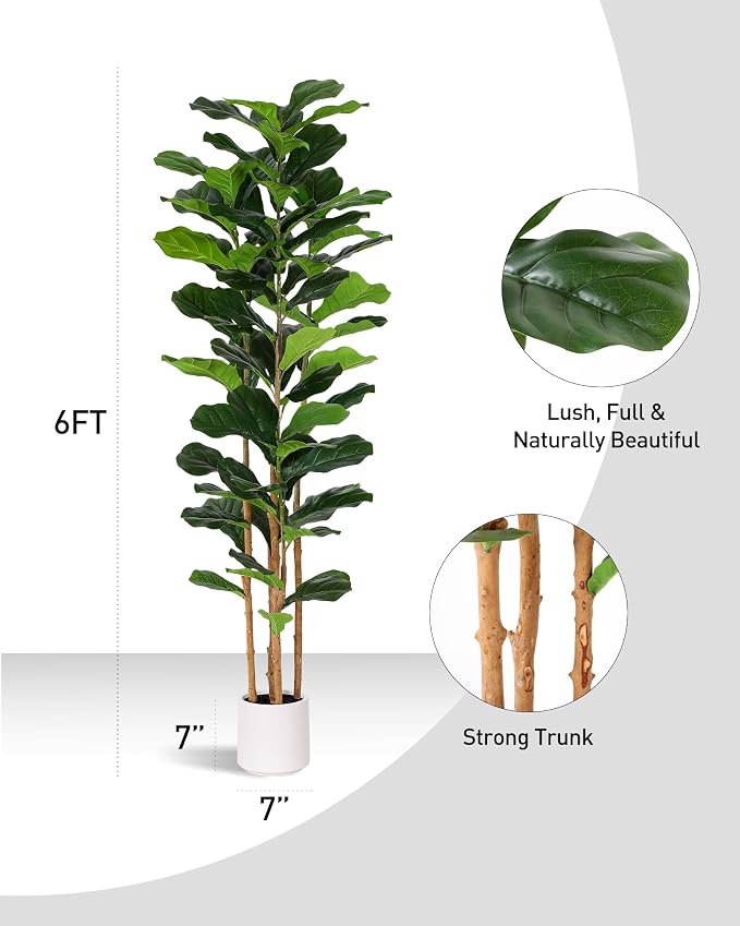 FLOWORLD Fiddle Leaf Fig Tree, 6FT Faux Trees Indoor,Tall FakeTree with Decorative planters,Natural Wood Trunk & Realistic Fiddle Leaf, Artificial Plants for Home Office, Living Room, Outdoor