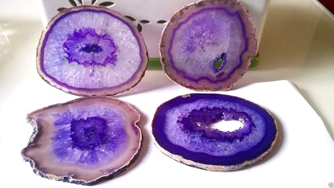 JIC Gem 3.5-4" Dyed Purple Agate Coaster Natural Sliced Geode Agate Stone Coasters for Small Cup Polished with Rubber Bumper Set of 4 Home Decoration