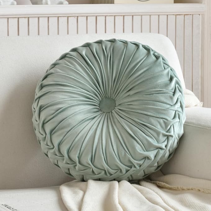Teieas Round Throw Pillow Velvet Home Decoration Pleated Round Pillow Cushion for Couch Chair Bed Car Light Green