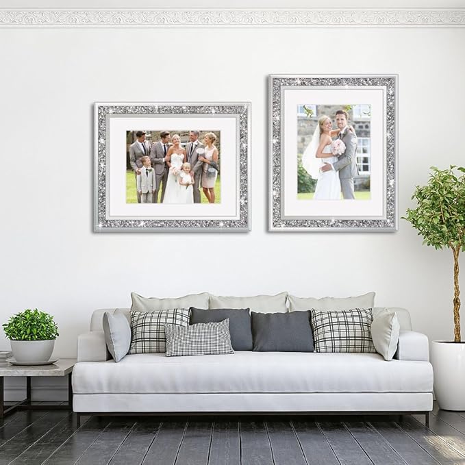 ALLartonly Mirror Photo Frame 12x16inch Mat To 8.5x11” 2 Pack, Crushed Diamond Bling Boarder, Crystal Glass Front , Wedding Picture Poster Frame, Diploma Frames Wall Certificate Document Frame.