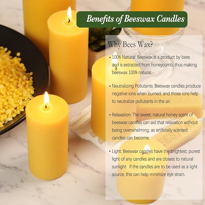Beeswax Candles Set of 6, Non Toxic Natural Pillar Candle Bulk | Clean Burn, Paraffin Free, No Fragrance, Pet-Friendly, Assorted Size, Home Decor, Air Purify,Smokeless, Dripless, Emergency