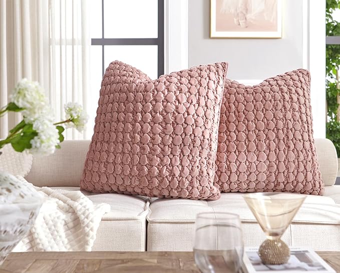 Pillow Covers 24x24 Set of 2 Velvet Euro Shams Decorative Farmhouse Pillowcases Boho Square Cushion Covers Soft Bubble Texture for Couch Sofa Bed Bedroom Car Living Room,Pink