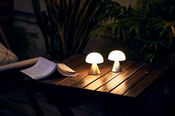 Lexon Mina Small Mushroom Lamp - LED Portable Bedside Light for Bedrooms, Kids & Nursery - Rechargeable with 12h Autonomy & Memory Dimmer, Aluminum - Light Yellow