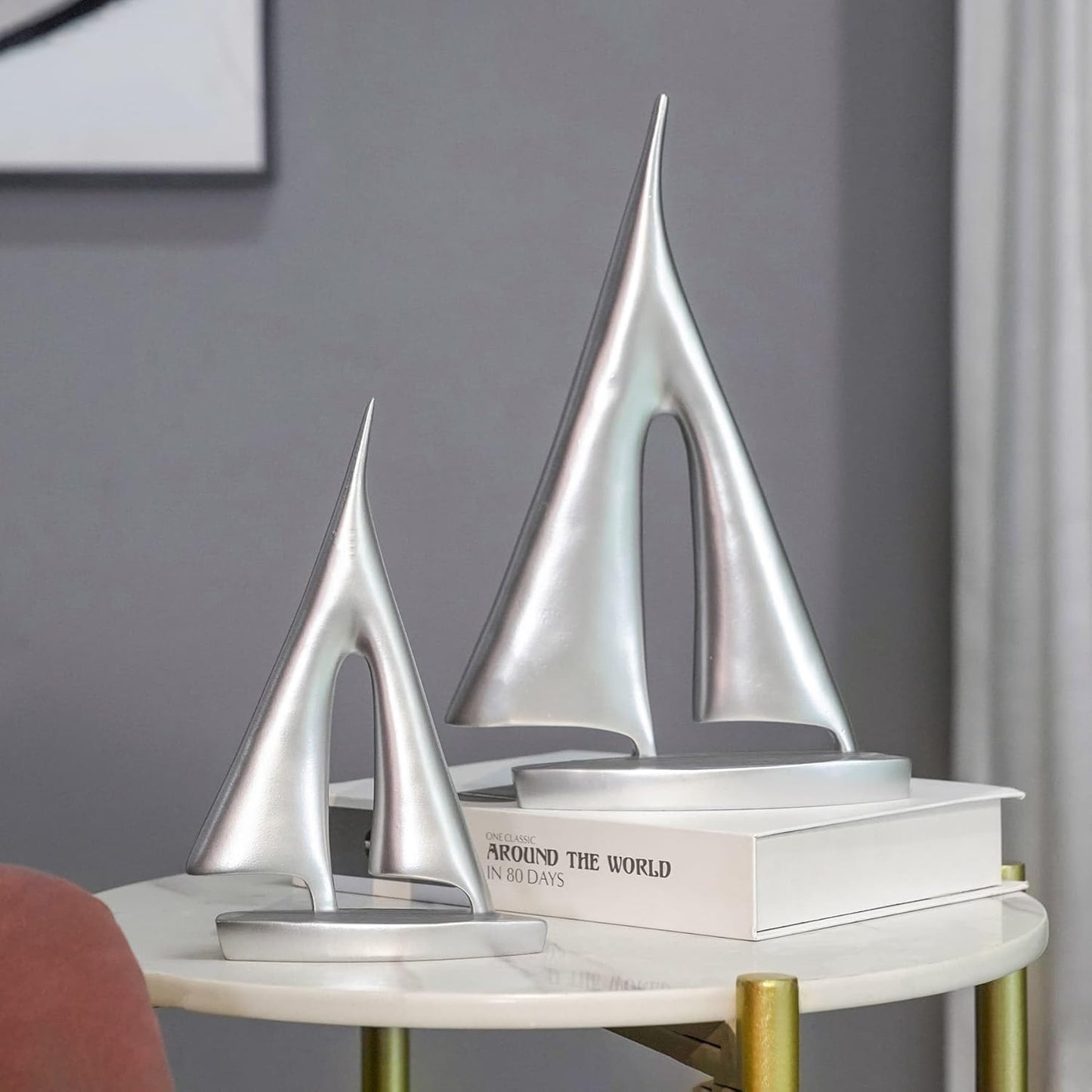 Modern Sculptures Home Decor, Silver Sailboat Decor Ornament, Boat Decorations Statue Decor, Art Sculptures and Statues, Sailboat Gifts Home Office Bathroom Shelf Decor Nautical Decor (2 Pack)
