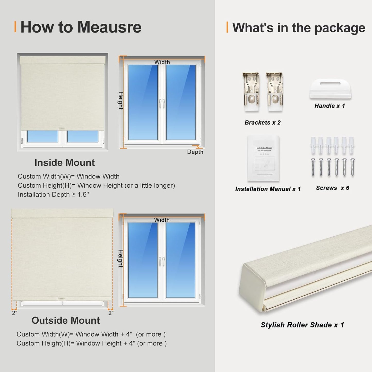 Persilux Blackout Shades for Windows Cordless Roller Blinds, Roller Windows Shades for Home with Fabric Attached Valance, UV Protections Easy Installation for Door/Office, Limestone(29" W x 84" H)