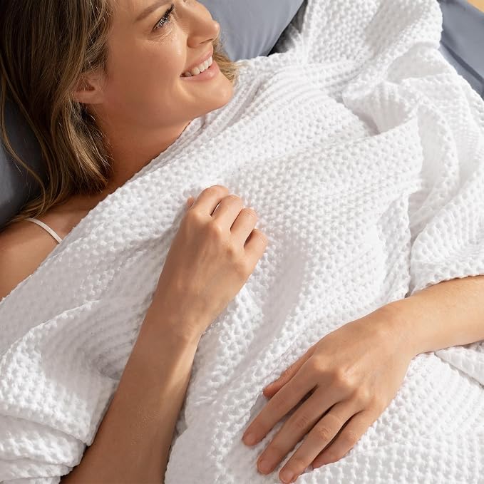 PHF Pre-Washed 100% Cotton Waffle Weave Blanket King Size for Bed,Snag Proof Throw Blanket for Couch Spring Summer Lightweight Breathable,Machine Washable, Home Decor Gift - White
