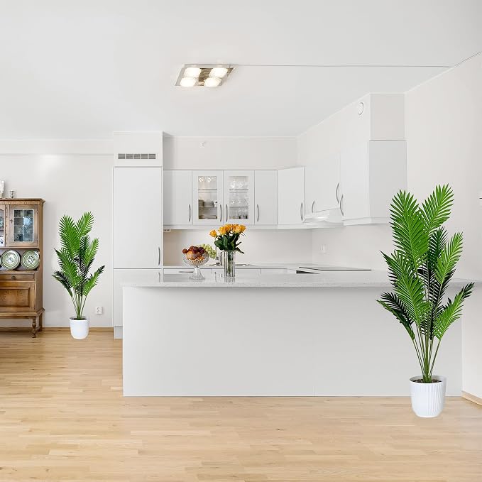 SAJANDAS Set of 2 Artificial Areca Palm Plants in Pots, 50 Inch Fake Tropical Palm Trees with Greenery Leaves and Stems, Faux Dypsis Lutescens Floor Plants for Garden, Store, Office, Home Decoration