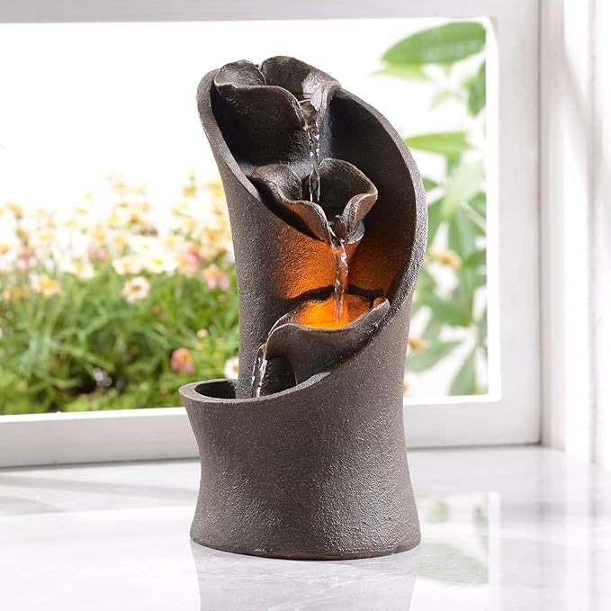 Kalona Tabletop Waterfall Fountain, 3-Tier Indoor Water Fountain for Home Office Decor, Relaxing LED Fountains with Artistic Stone-Look Design for Meditation (23005)