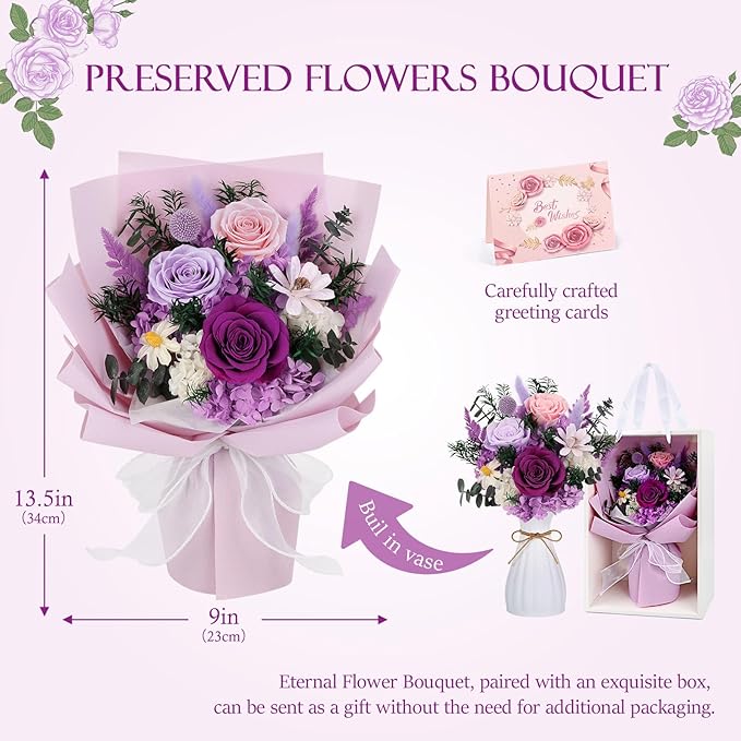 Flowers for Delivery Prime Preserved Flowers Bouquet with Vase That Last 3-5 Years Real Forever Flowers Purple Rose Bouquet for Mom Mother Women Wife Friends Birthday Mothers Day Gifts